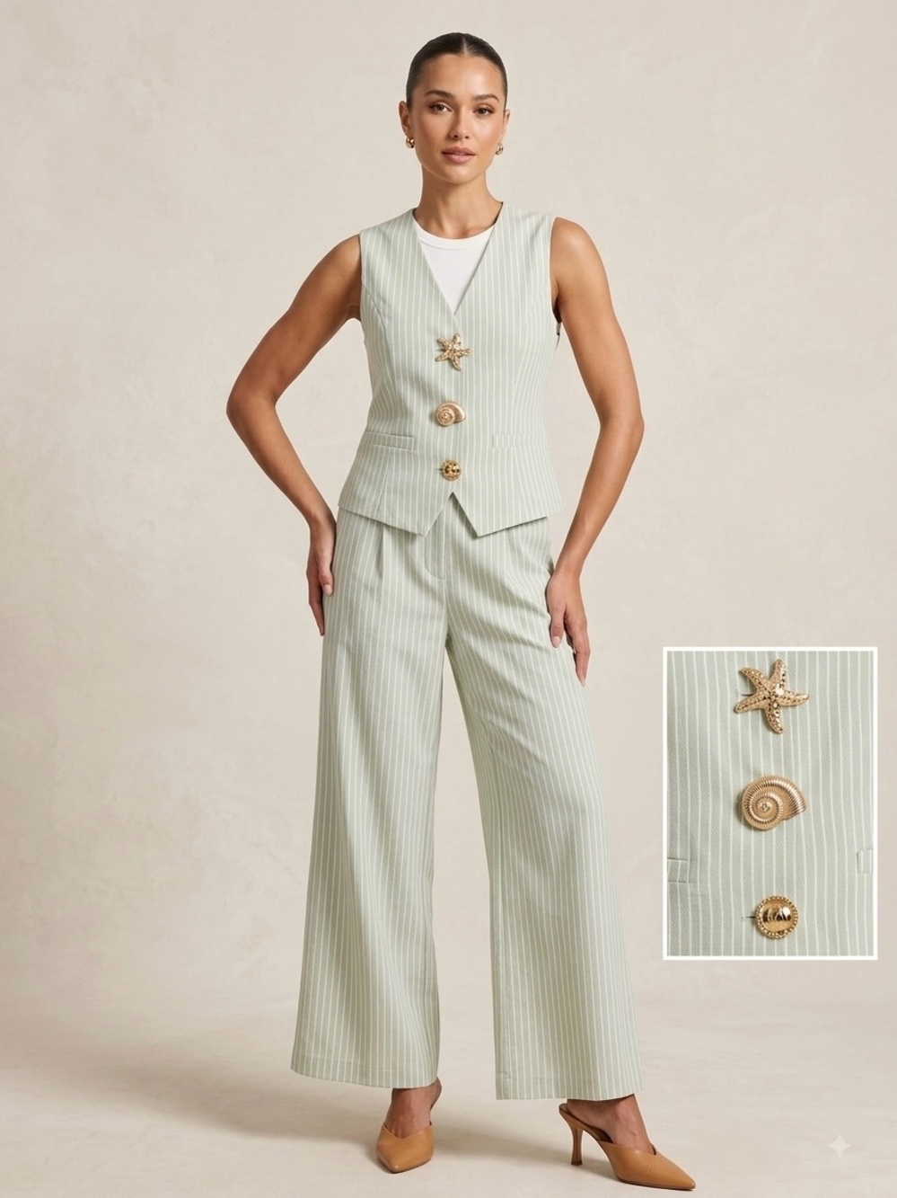 Stunning NWT Light Sage Pinstripe Wide Leg Pantsuit w/ Unique Shell Buttons L/XL